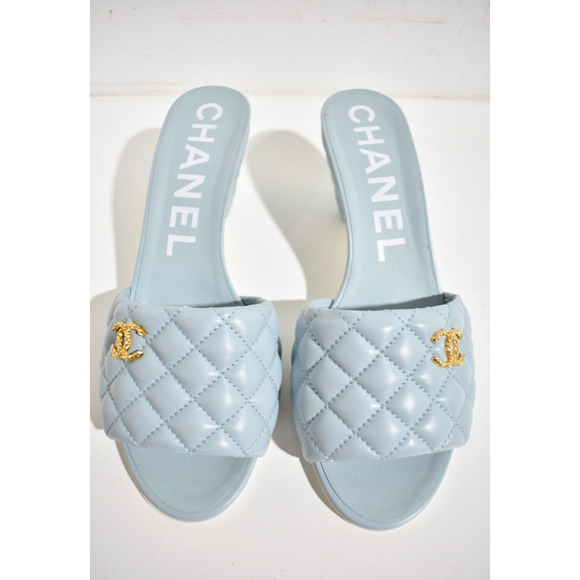 Chanel 22P Blue Lambskin Quilted CC Gold Logo Cone Heel Mule Slide Sandal 41.5 - Picture 8 of 12
